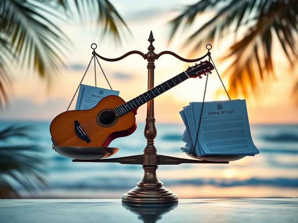 Flick International Scale balancing a vintage guitar and legal documents against restraining papers, symbolizing the trust battle over Jimmy Buffett's fortune