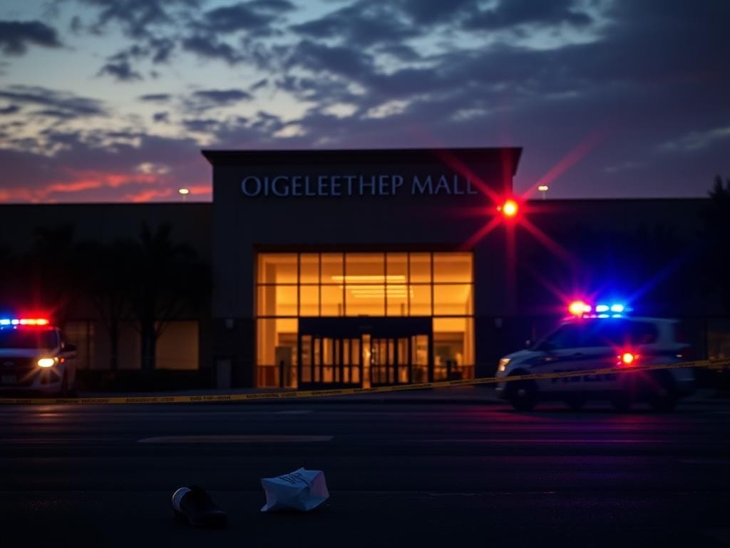 Flick International Exterior view of the Oglethorpe Mall with emergency lights following a shooting incident