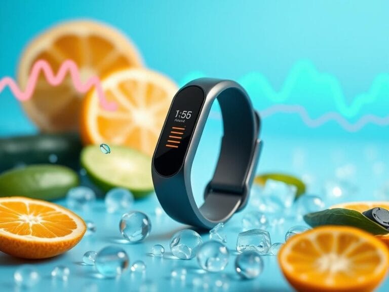 Flick International A sleek wearable hydration sensor with a glowing interface surrounded by droplets of water and fresh fruits.