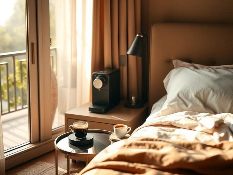 Flick International Cozy bedroom scene with a minimalist espresso machine on a nightstand