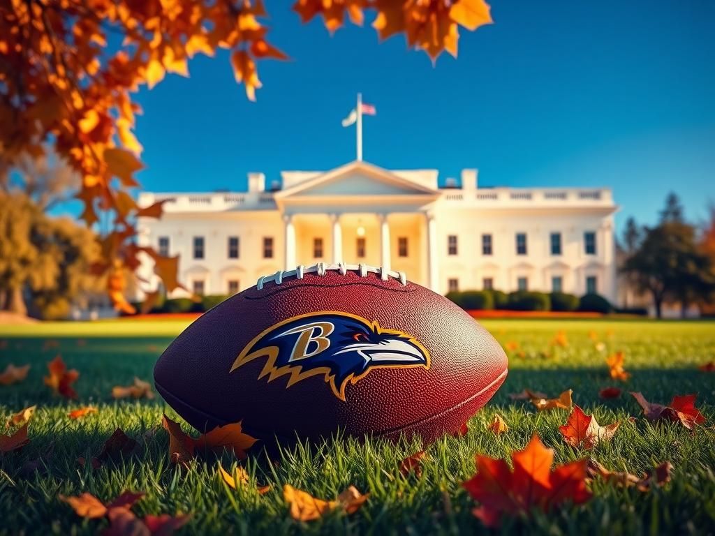 Flick International Deep blue sky above the iconic White House with a Baltimore Ravens football on the grassy field.