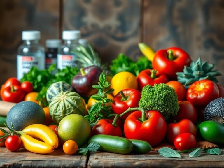 Flick International A vibrant still life of fresh fruits and vegetables on a rustic table