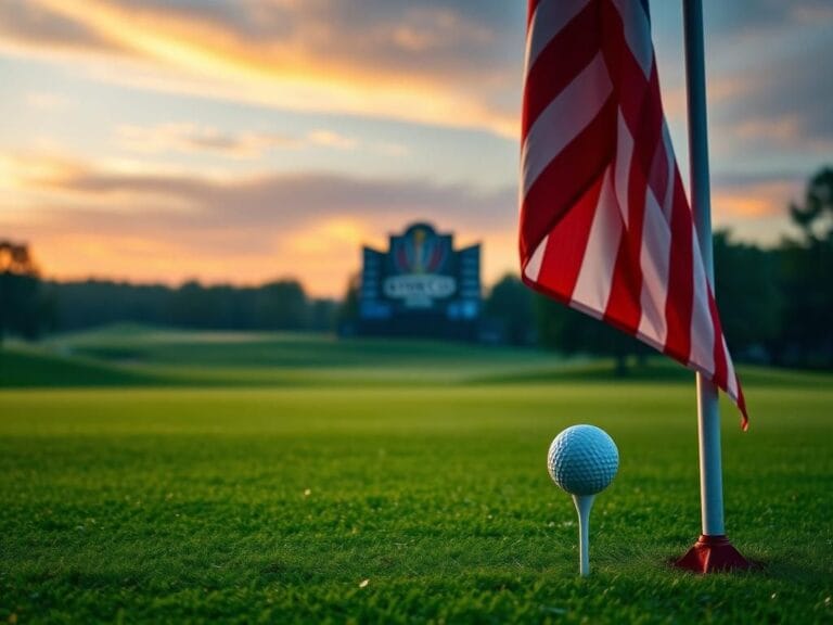 Flick International Serene golf course at twilight with American flag and Ryder Cup logo
