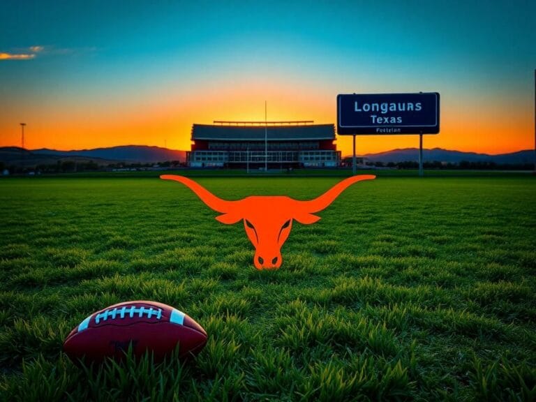 Flick International Vibrant football field at dusk with Texas Longhorns logo and cleats