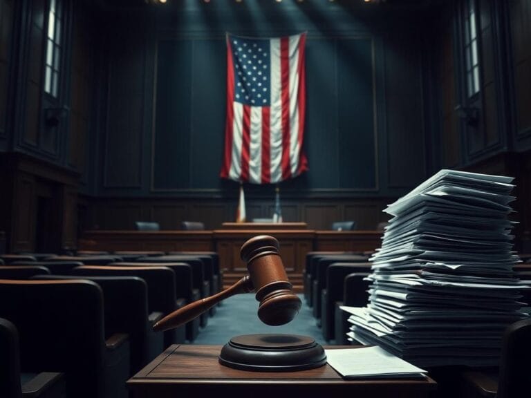 Flick International Dramatic courtroom scene with empty seats and a gavel on the judge's podium