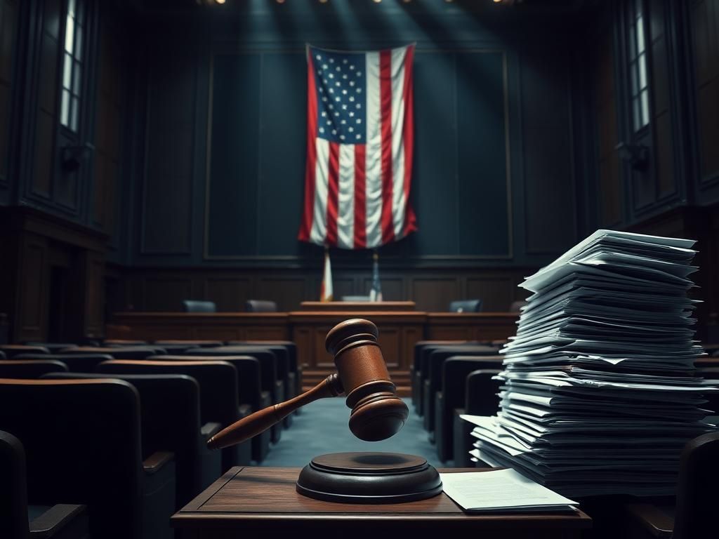 Flick International Dramatic courtroom scene with empty seats and a gavel on the judge's podium