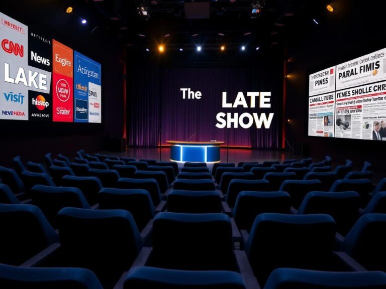 Flick International A dimly lit late-night television studio setup for 'The Late Show'