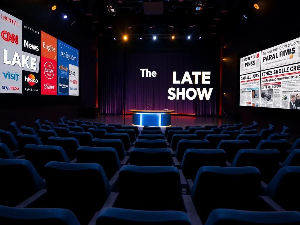 Flick International A dimly lit late-night television studio setup for 'The Late Show'