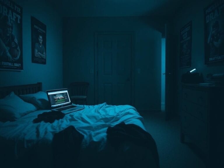 Flick International Dimly lit university dorm room with unmade bed and scattered clothes