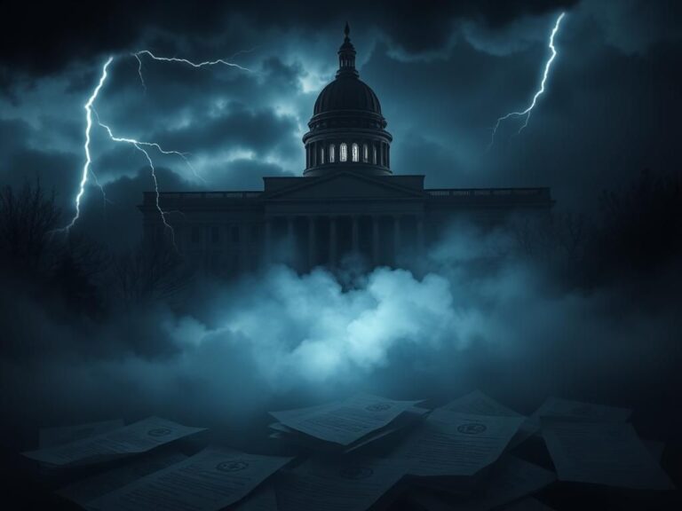 Flick International Shadowy government building representing deep state secrecy with dark clouds and lightning