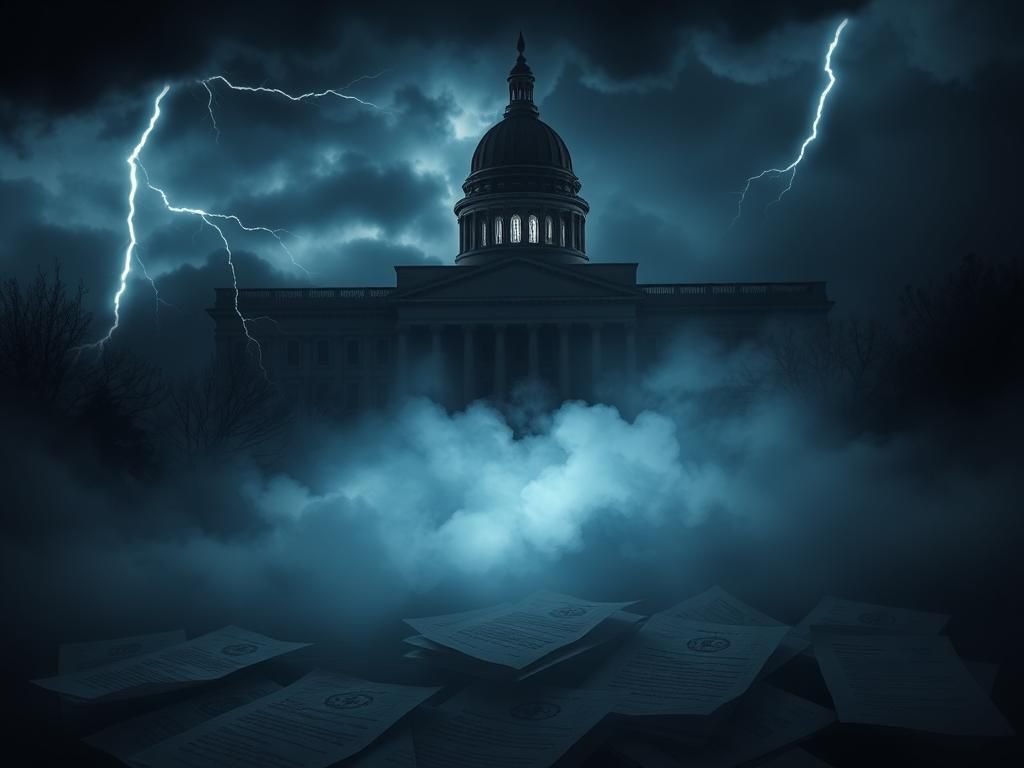 Flick International Shadowy government building representing deep state secrecy with dark clouds and lightning
