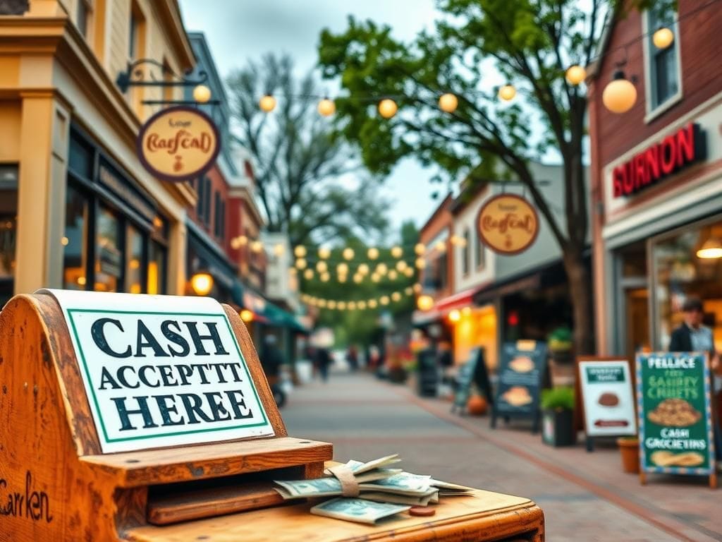 Flick International A bustling small-town street scene showcasing independent shops with visible cash registers and signs indicating cash acceptance.