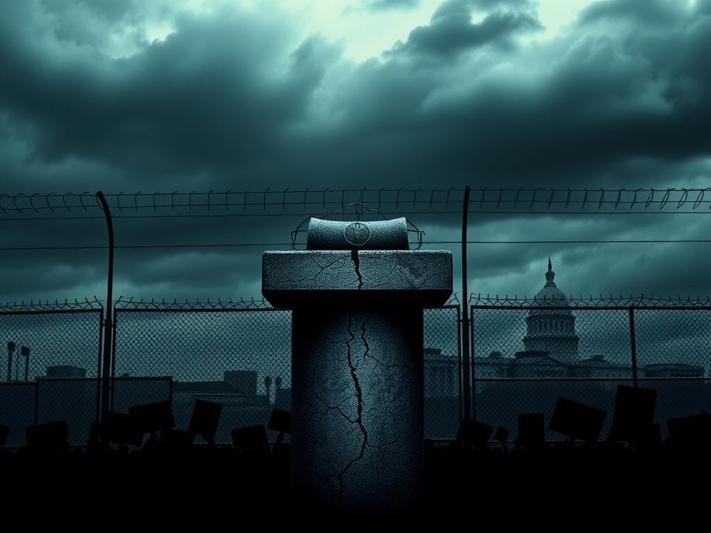 Flick International Dramatic scene depicting a federal immigration facility with a chain-link fence and dark clouds overhead
