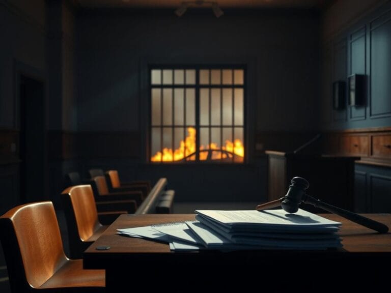 Flick International Dimly lit courtroom with a judge's gavel and legal documents symbolizing Richard Tillman's arson trial