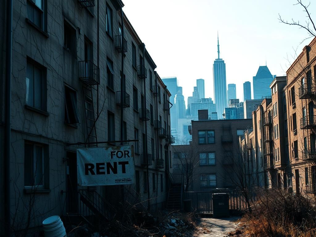 Flick International A dilapidated New York City apartment building illustrating the housing crisis with cracked walls and boarded windows