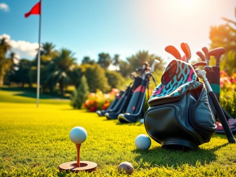 Flick International A vibrant golf course scene showcasing stylish golf accessories and a fashionable outfit