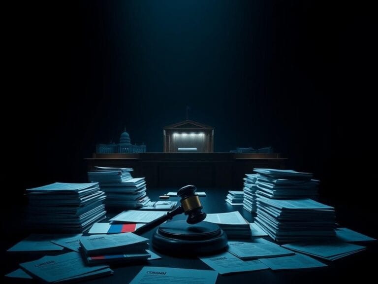 Flick International A dramatic courtroom scene depicting a judge's bench surrounded by confidential documents and silhouettes of government buildings