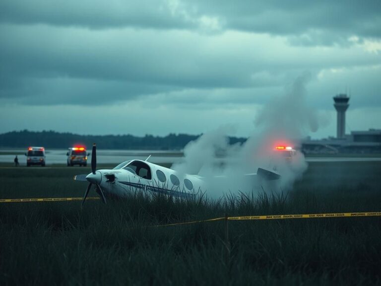 Flick International Small airplane wreckage at New Jersey airport surrounded by emergency vehicles