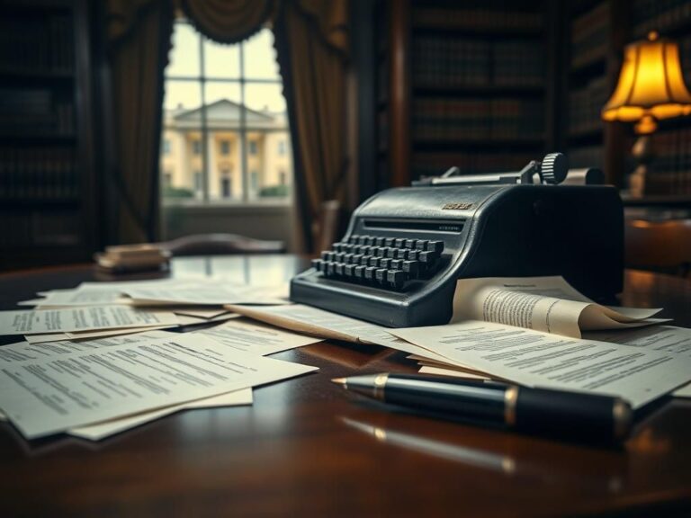 Flick International Close-up of a vintage autopen machine on a wooden desk with legal documents
