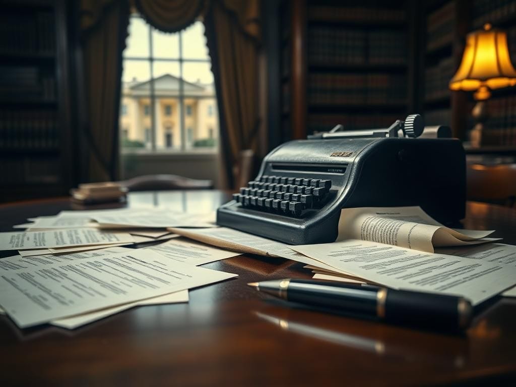 Flick International Close-up of a vintage autopen machine on a wooden desk with legal documents