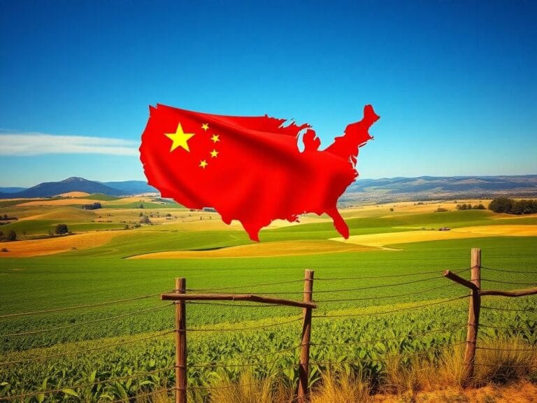Flick International Expansive American farmland with a Chinese flag symbolizing foreign influence