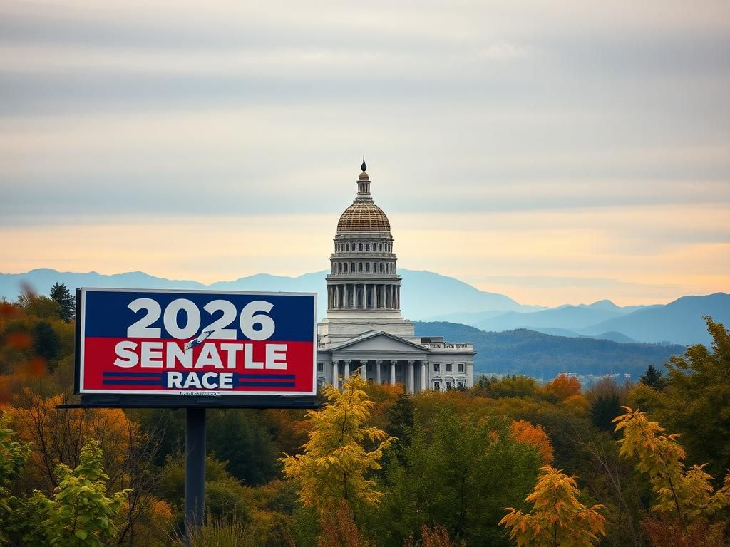 Flick International Dramatic view of North Carolina state capitol building with colorful campaign billboard