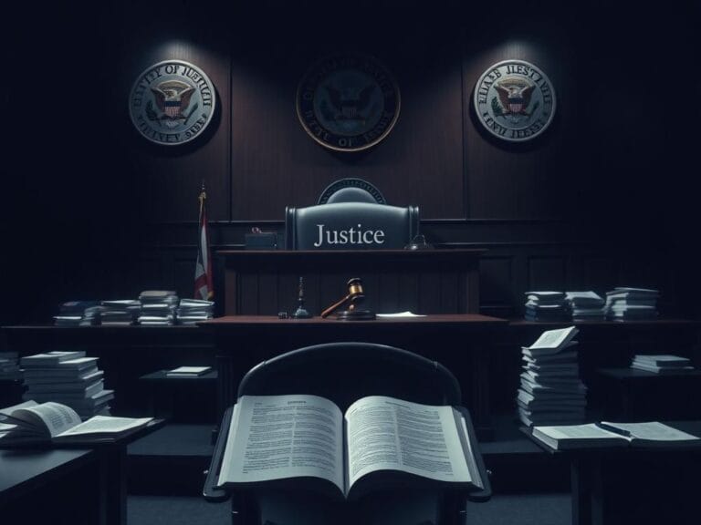 Flick International Dramatic courtroom interior highlighting tension and uncertainty over U.S. attorney position