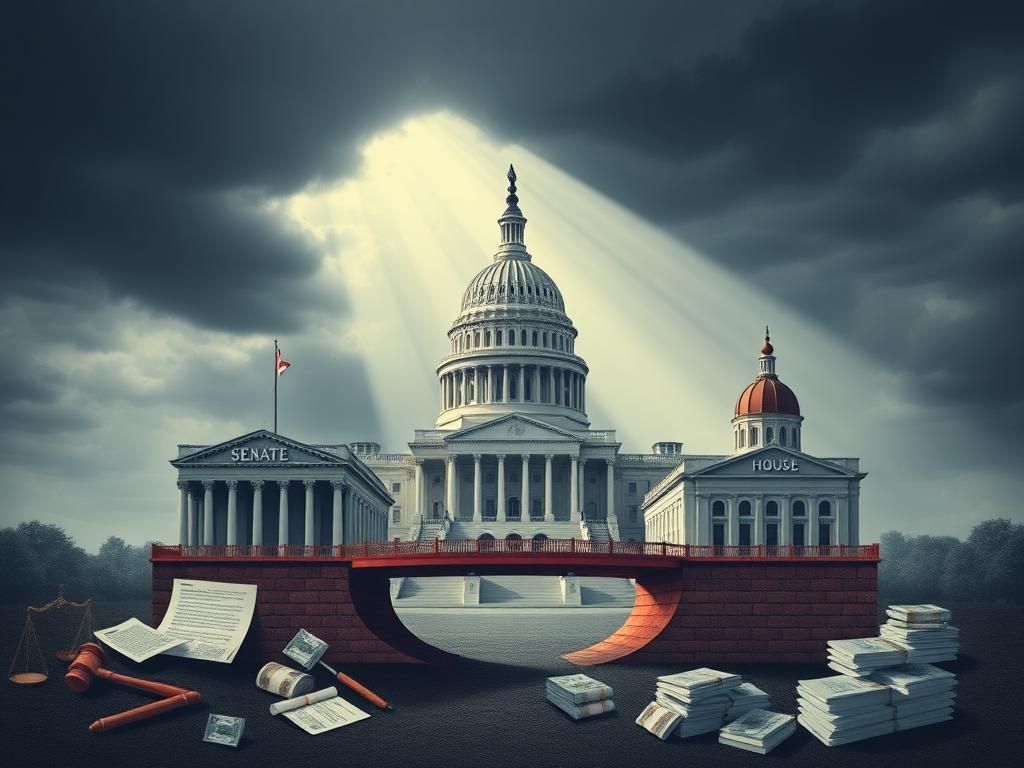 Flick International A symbolic representation of political negotiations with a bridge of documents connecting the Senate and House.