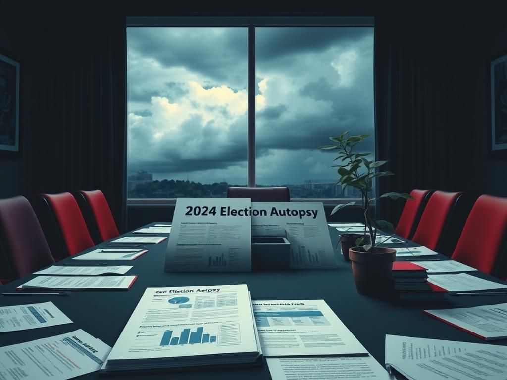 Flick International Dimly lit boardroom table with documents symbolizing DNC's post-election analysis