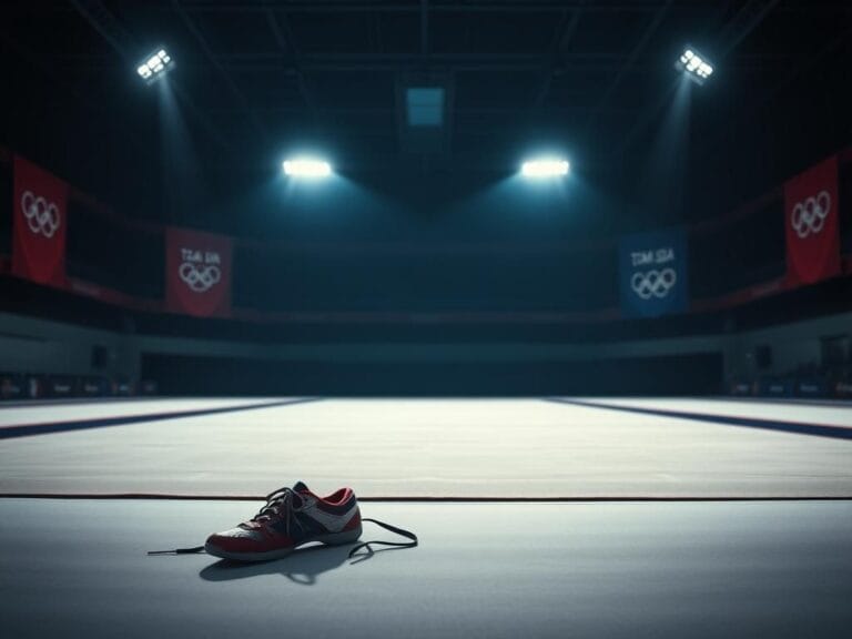 Flick International Empty gymnastics mat under bright lights with worn shoes symbolizing struggles in women's sports