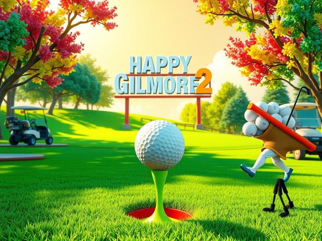 Flick International Comedic scene from 'Happy Gilmore 2' featuring a golf ball on a brightly colored tee