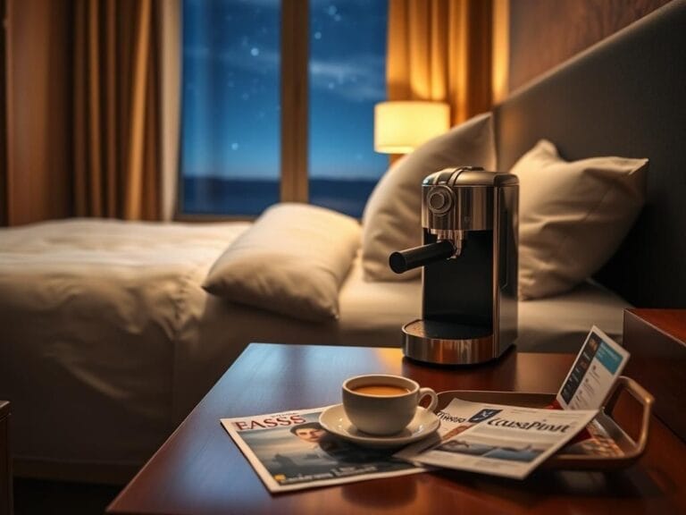 Flick International Cozy bedroom scene with an espresso machine and soft lighting