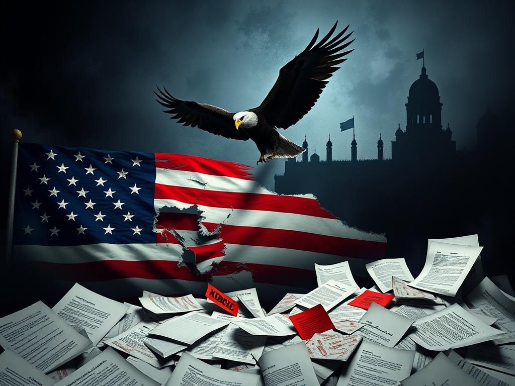 Flick International Abstract representation of a broken democracy featuring a fragmented American flag and shadowy Kremlin silhouette