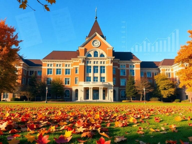 Flick International Large university building in autumn surrounded by colorful leaves under a blue sky