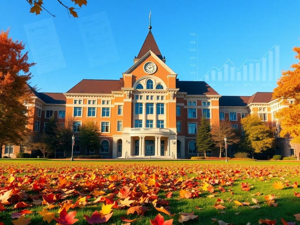 Flick International Large university building in autumn surrounded by colorful leaves under a blue sky