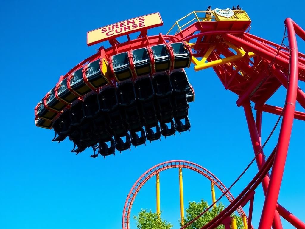 Flick International Dramatic view of the 'Siren's Curse' roller coaster malfunctioning at Cedar Point, with riders suspended mid-air