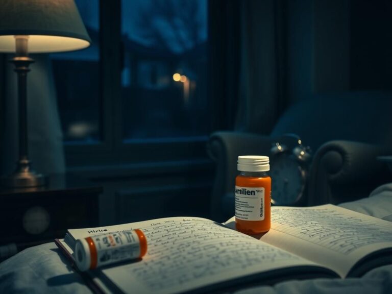 Flick International Serene nighttime scene with bedside table and Ambien prescription bottle