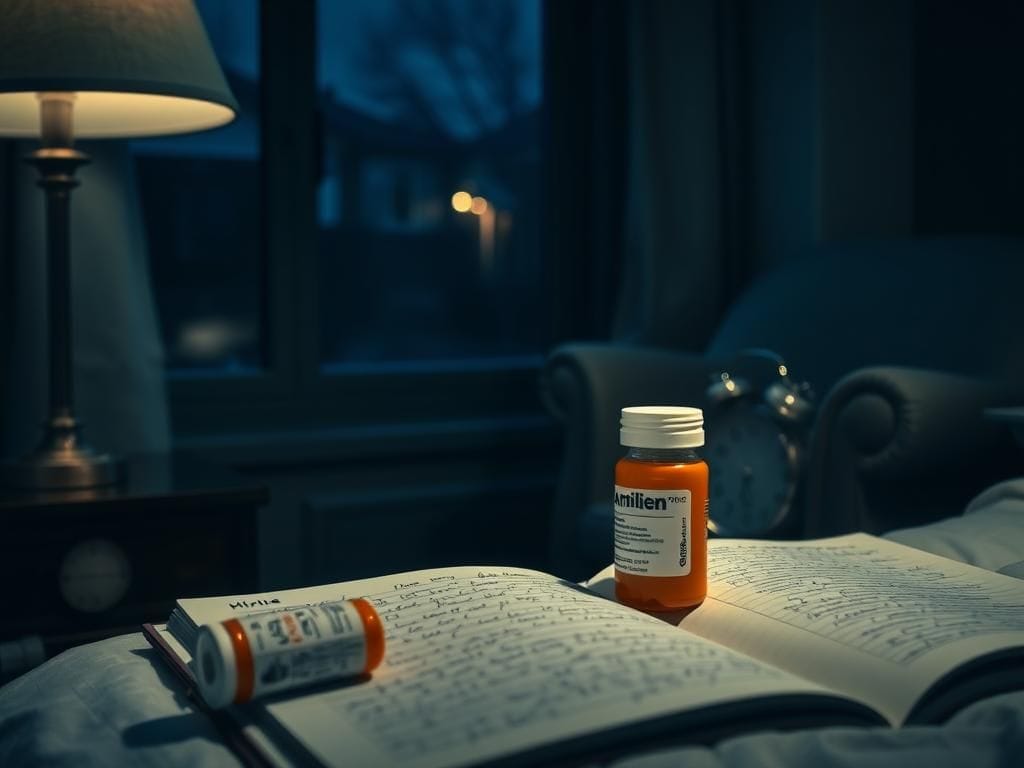 Flick International Serene nighttime scene with bedside table and Ambien prescription bottle