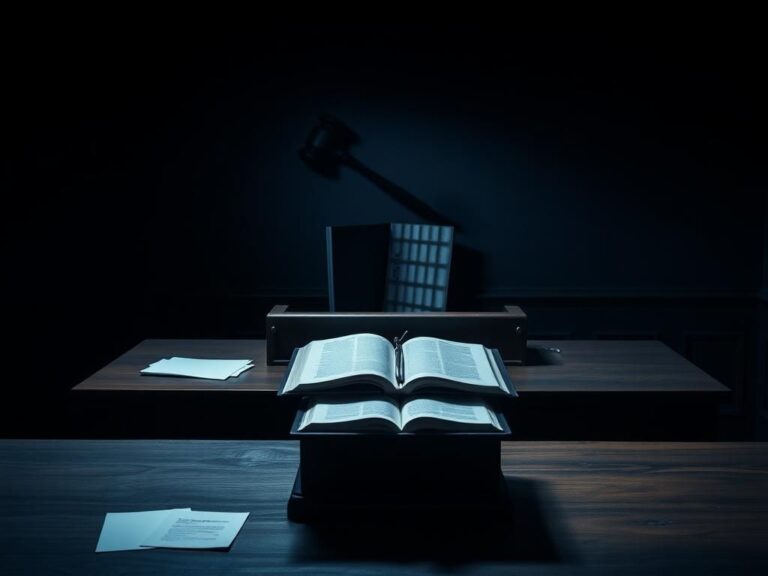 Flick International A somber courtroom setting with a large wooden desk, law book, and shadowy gavel, symbolizing legal proceedings in the Ghislaine Maxwell case