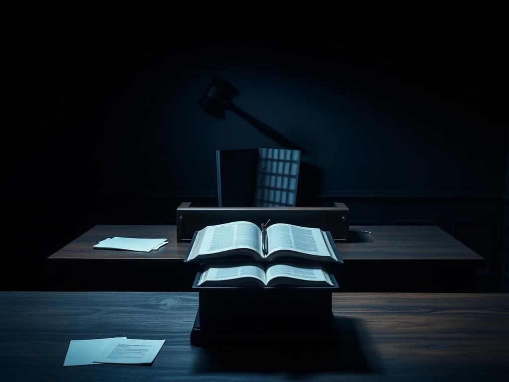 Flick International A somber courtroom setting with a large wooden desk, law book, and shadowy gavel, symbolizing legal proceedings in the Ghislaine Maxwell case
