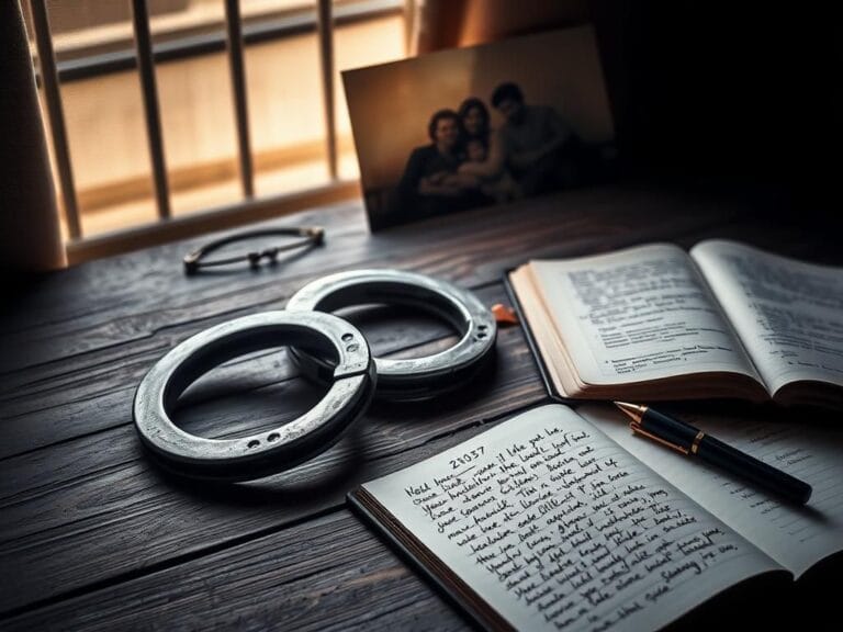 Flick International A pair of worn handcuffs on a textured wooden table symbolizing the transition from imprisonment to freedom