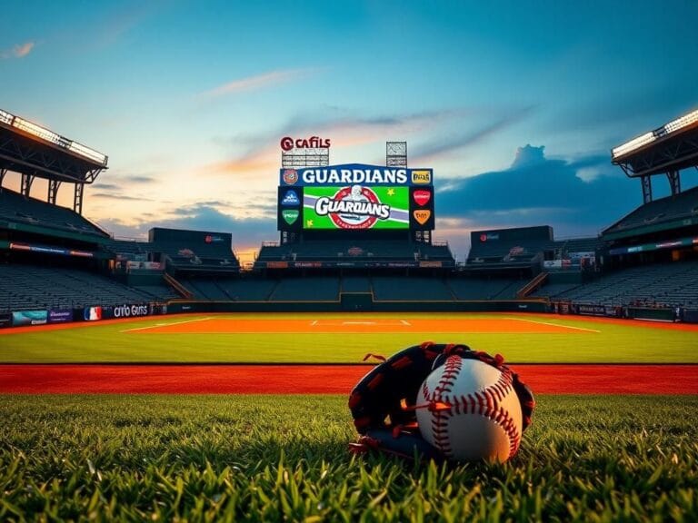 Flick International Empty baseball stadium at twilight with Guardians logo on the scoreboard