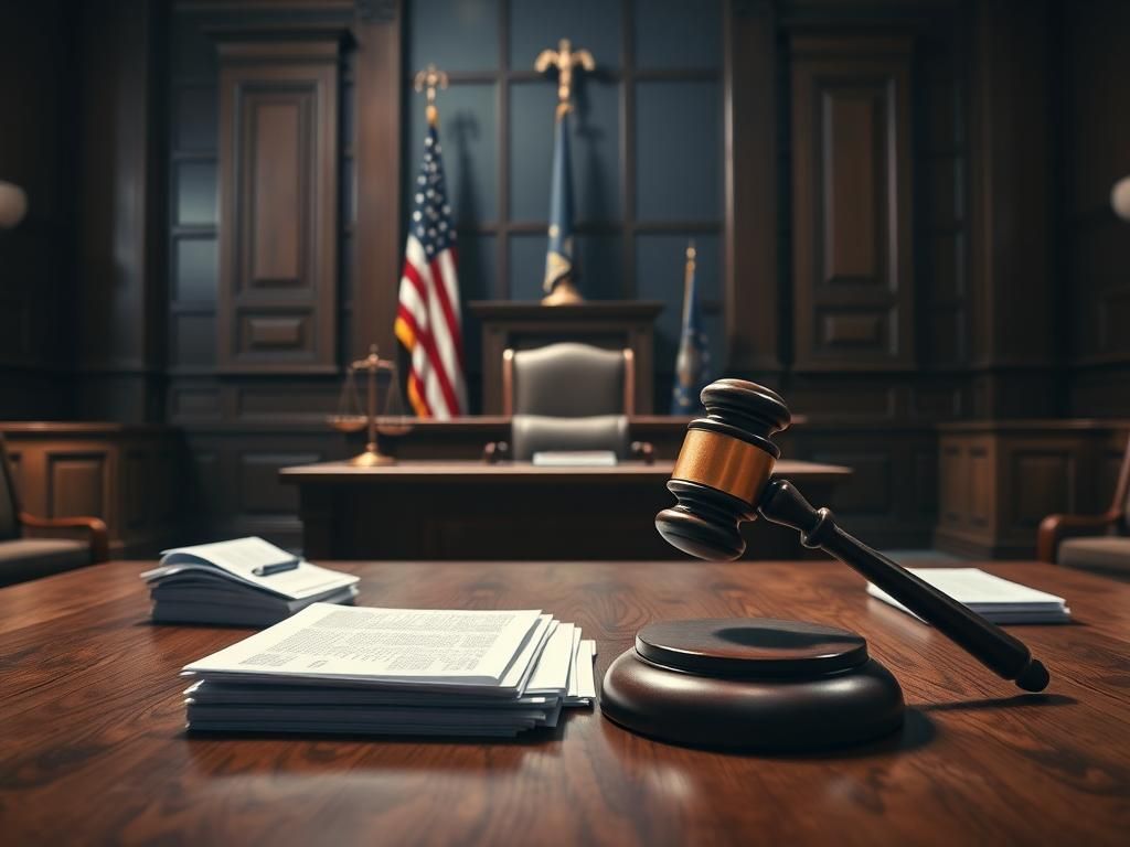 Flick International Dramatic courtroom scene featuring an empty judge's bench and legal documents symbolizing immigration law.