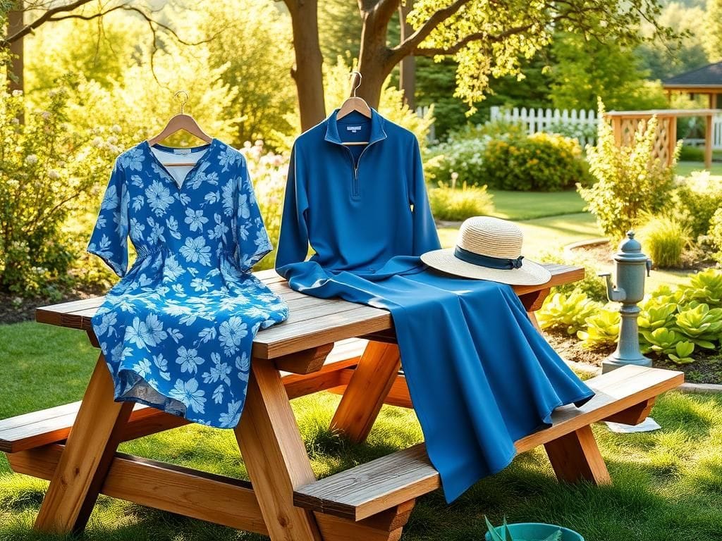 Flick International Vibrant outdoor scene featuring stylish sun-protective clothing on a wooden picnic table