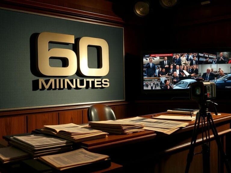 Flick International A dramatic newsroom scene featuring the vintage '60 Minutes' logo, an elegant wooden desk, and a vintage camera, representing journalistic integrity.