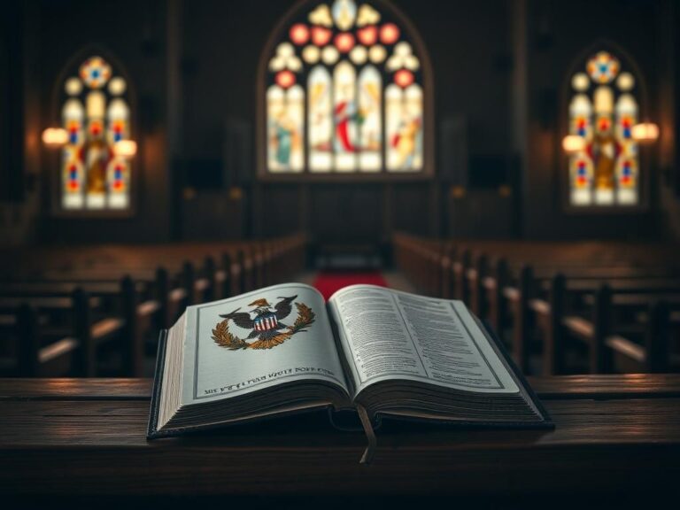 Flick International Open Bible with West Point crest on weathered altar in dimly lit chapel