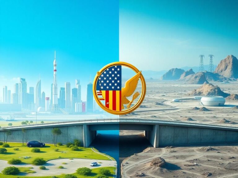 Flick International A split landscape contrasting a vibrant futuristic city with a barren wasteland, symbolizing innovation and regulatory struggle