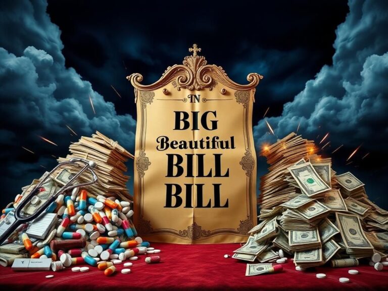 Flick International Large ornate bill labeled 'Big Beautiful Bill' surrounded by political conflict symbols