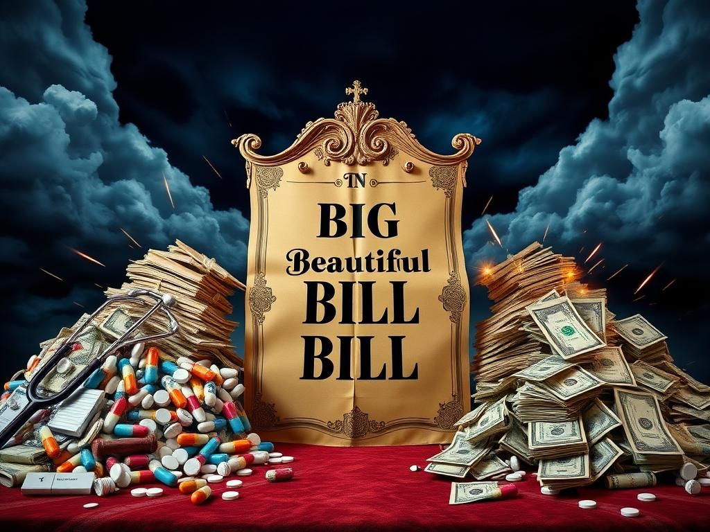 Flick International Large ornate bill labeled 'Big Beautiful Bill' surrounded by political conflict symbols