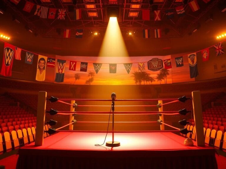 Flick International A professional wrestling ring in an empty arena illuminated by warm golden lights